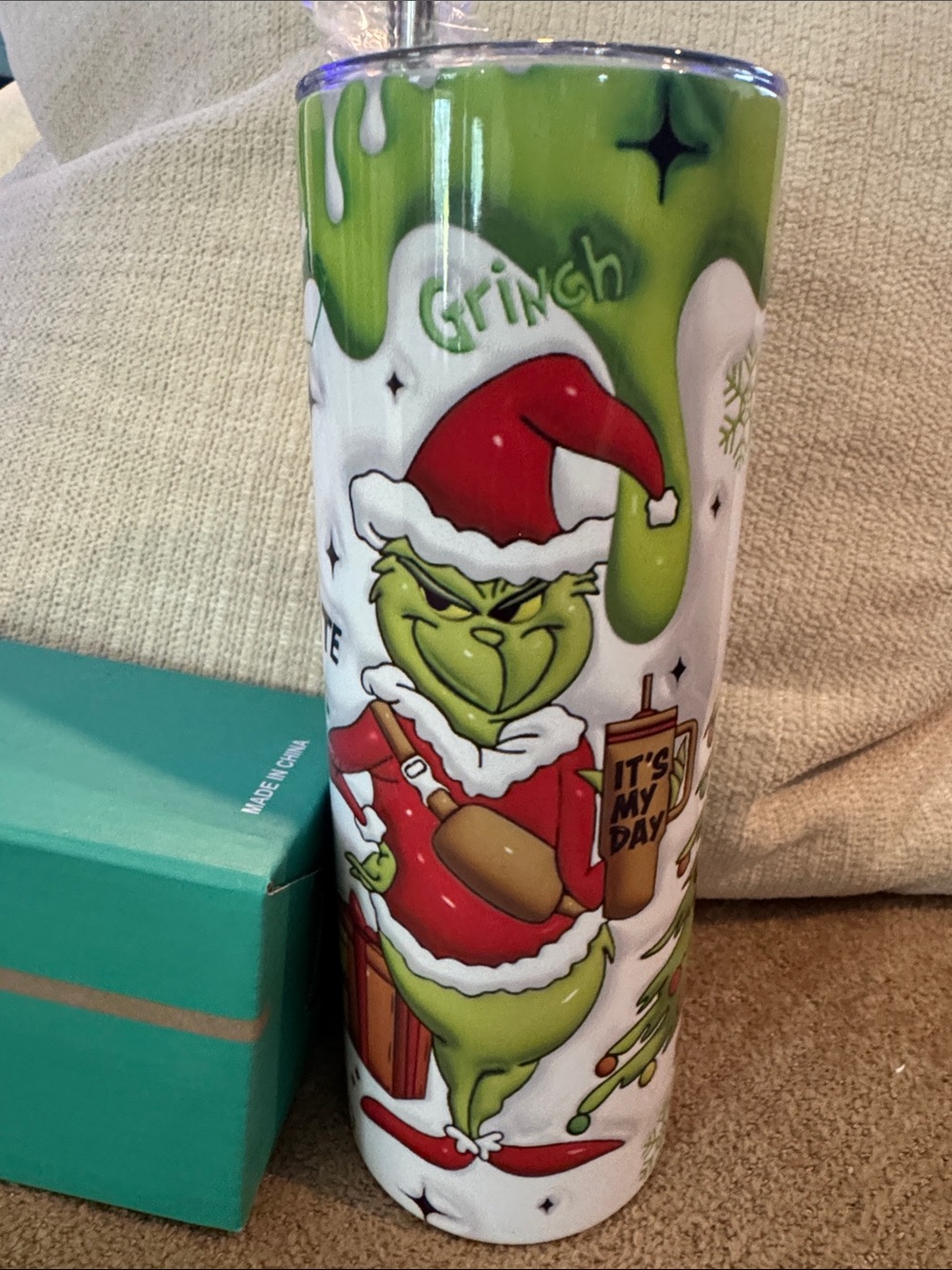 Holiday Stainless Steal Grinch Tumbler Green and Red Festive
